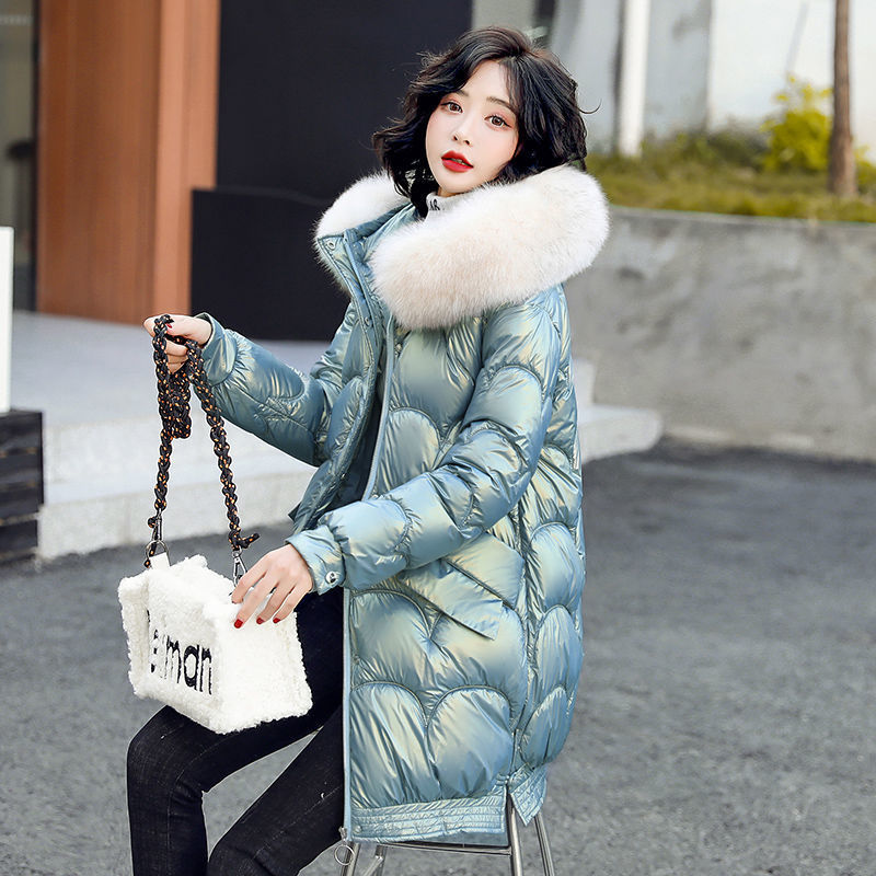 Cara brillante y colorida ropa de algodón de pluma media y larga para mujeres 2021 nuevo invierno coreano suelto de moda gruesa abrigo de algodón image 8