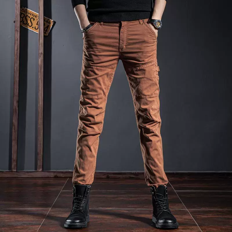 Мужские брюки-карго с множеством карманов, весенний стиль, свободный крой, модный бренд, универсальный пэчворк, корейский стиль, модный приталенный крой, повседневные брюки для бега.