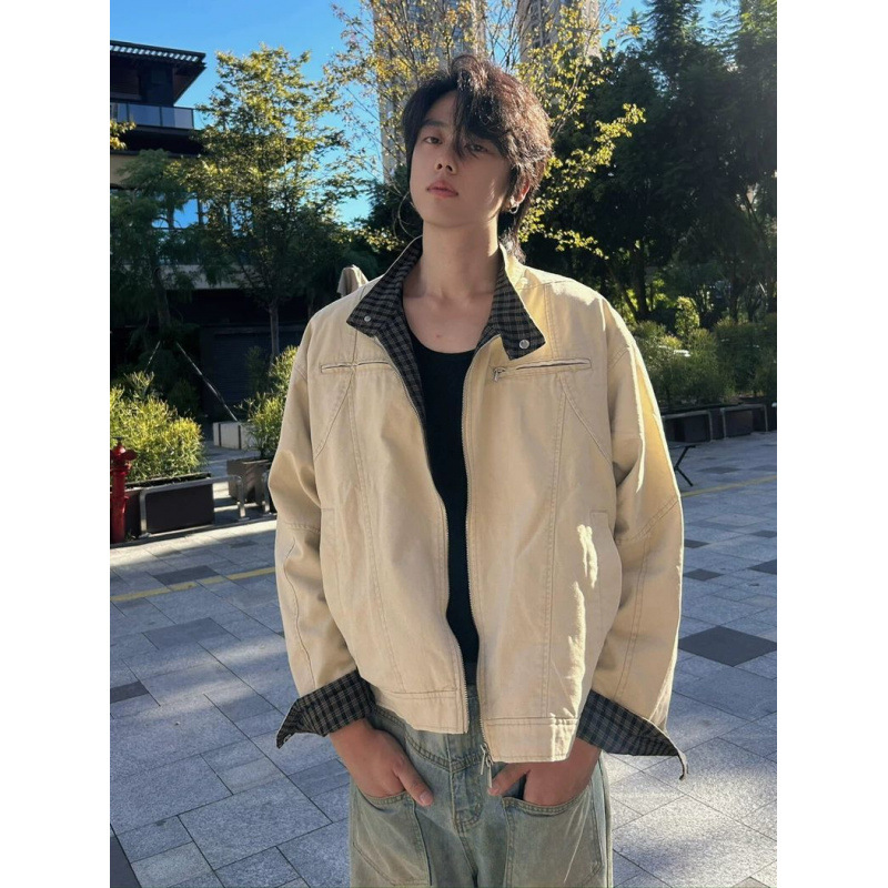 Khaki-colored stand-up collar Harrington jacket for men, autumn cleanfit houndstooth pattern, faux two-piece workwear style, short length