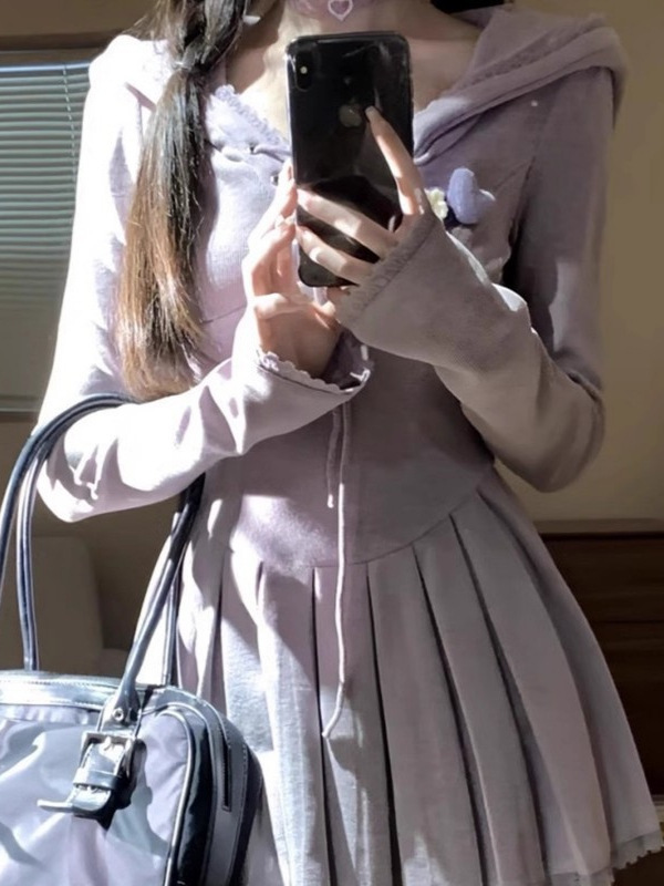 初恋纯欲紫色连帽连衣裙春秋小个子收腰显瘦甜辣妹短款设计感裙子|undefined