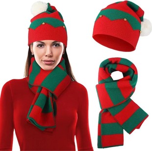 Christmas Knitted Hat Autumn and Winter Warm Three-piece Set Hot New Year Red Scarf suit Bell Hat Fur Ball Hat Cold Hat