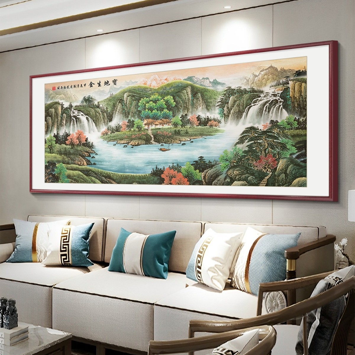 流水生财山水画客厅挂画靠山图西墙聚财沙发背景墙装饰画中式壁画