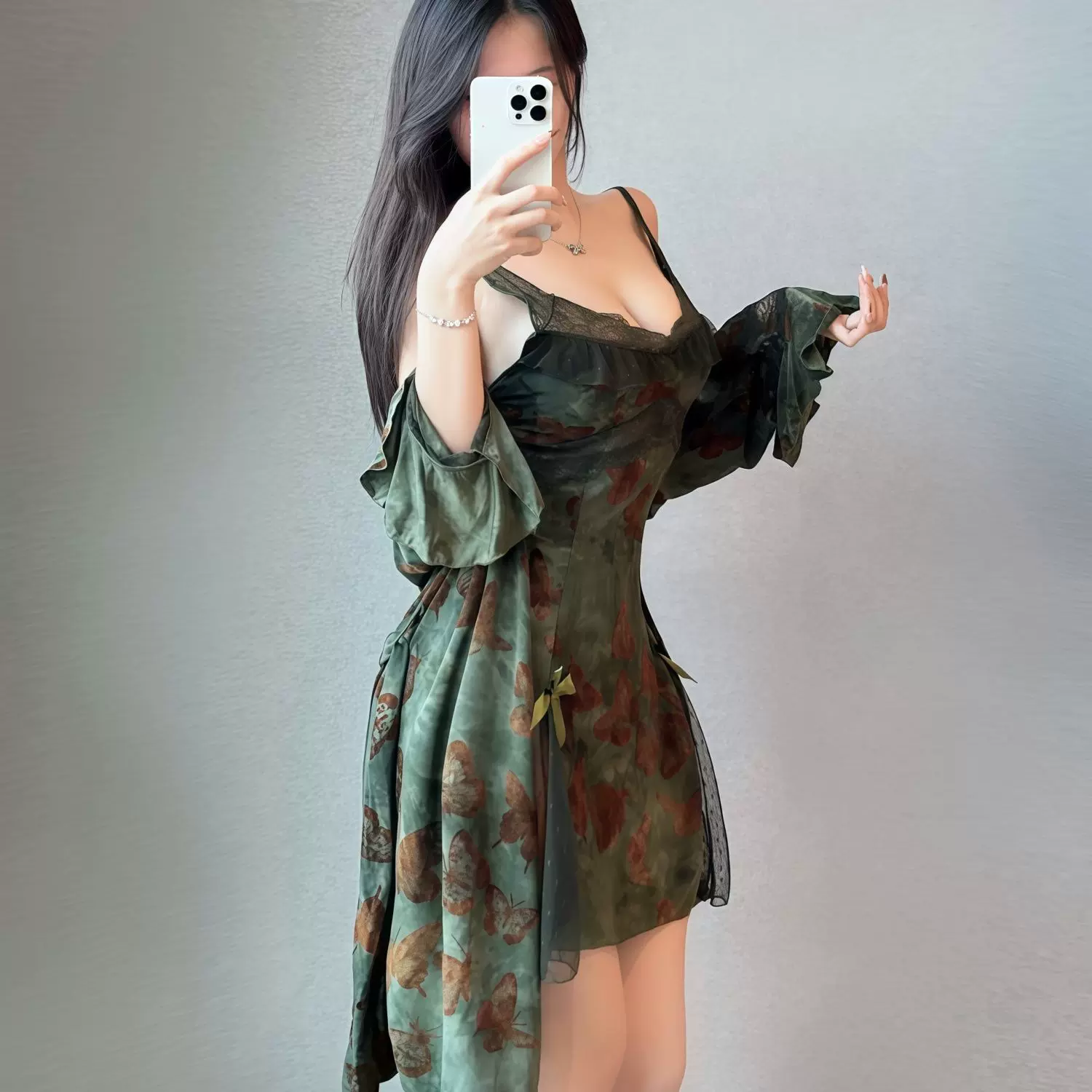 嬁迷纯欲大码印花睡裙家居服甜美胸垫深v加胸垫吊带外袍睡裙套装