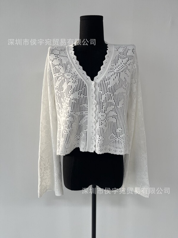 Hollow Knit Cardigan for Women, V-Neck, Long Sleeve, White French Style Sun Protection Shawl Coat