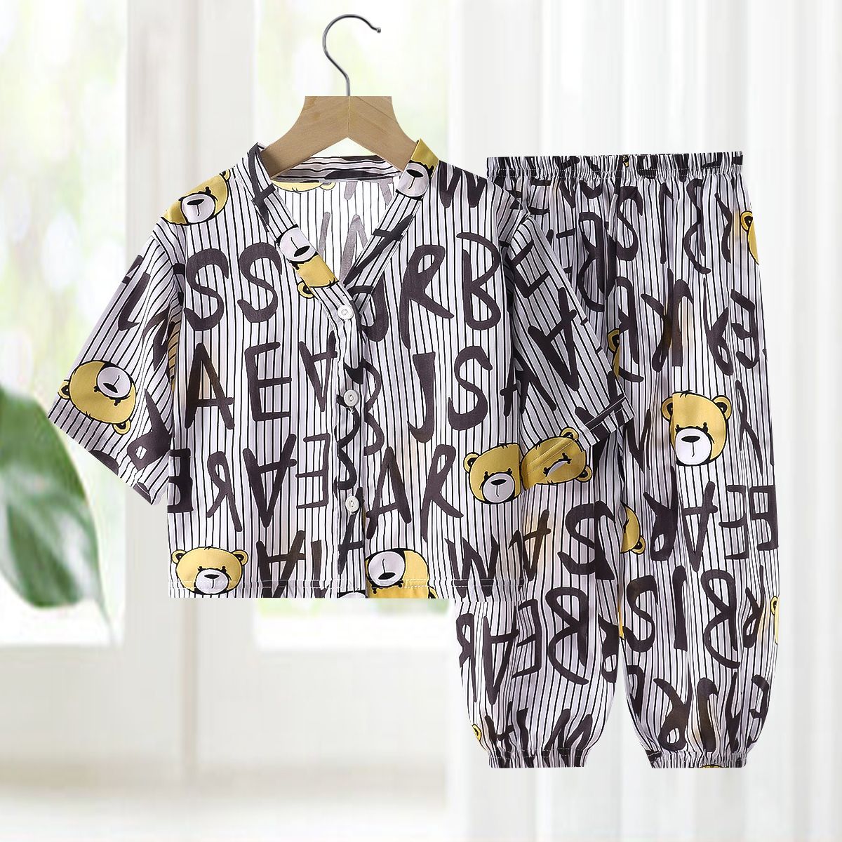 Pajamas de seda de algodón para niños, ropa de aire acondicionado de algodón artificial de verano, ropa para niños y niñas, ropa para el hogar de seda de algodón, dos juegos de ropa infantil
