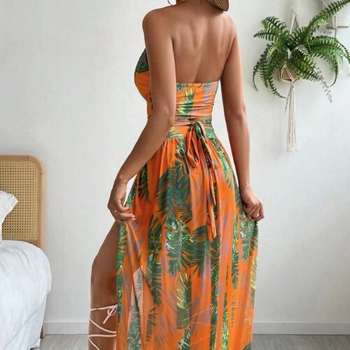 Women's Sexy Three-Piece Swim Suit Set with Print, Drawstring, and Bandeau for 2024 - Amazon Cover Dress and Bodycon Bikini