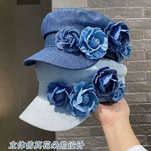 春秋新款帽子女小众花朵鸭舌帽日系复古做旧牛仔蓝色平顶报童帽薄