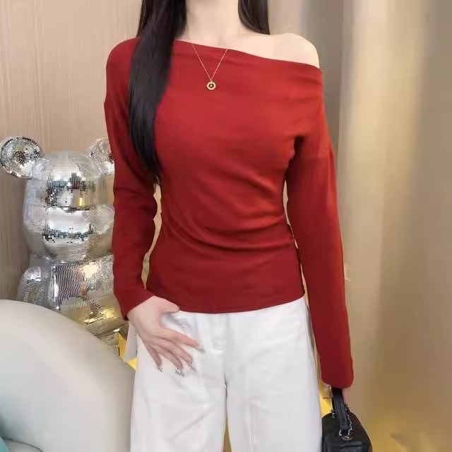 一字肩条纹长袖T恤女2025秋季新款复古松驰感短款收腰小众上衣ins|undefined