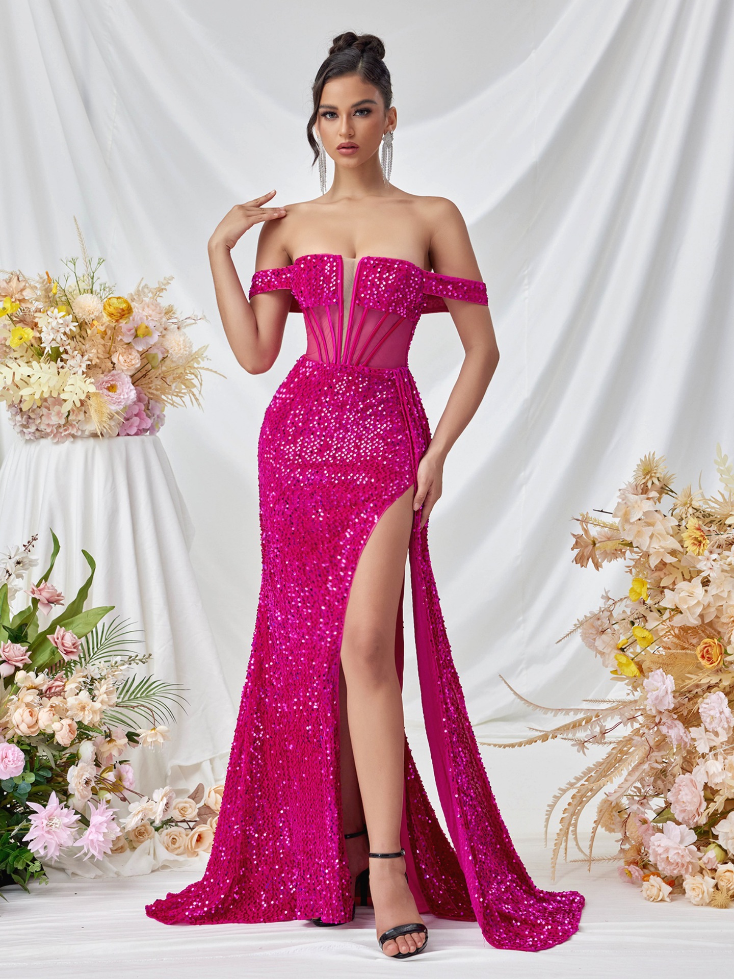 Comercio exterior europeo y americano temperamento de lentejuelas viajero color sólido vestido de cuello de una línea temperamento cintura sexy vestido de noche de banquete