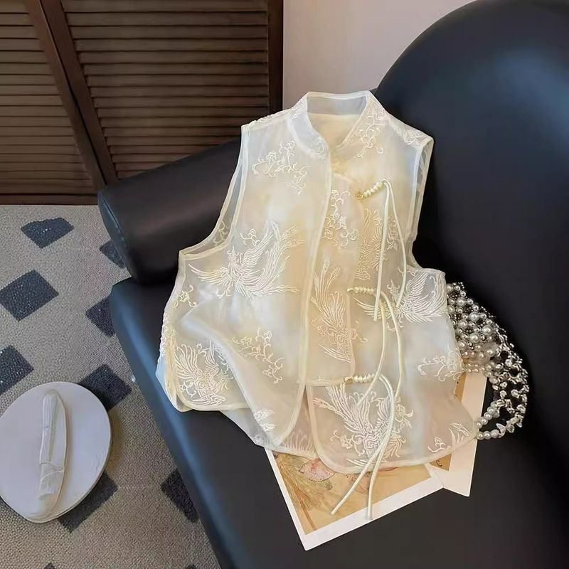 New Chinese Style National Style Embroidery 2024 Summer New Collar Vest Women's Summer Tang Dress Lace Stitching Vest Top