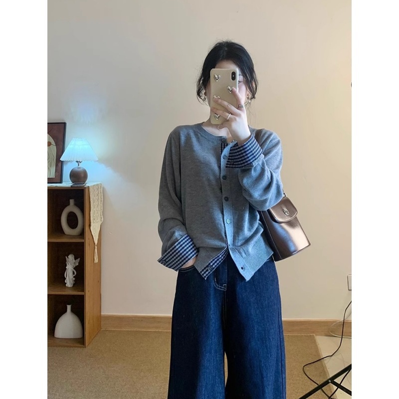 假两件miu系叠穿针织衫女秋冬灰色毛衣开衫外套拼接格子内搭上衣|undefined