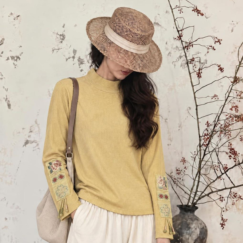 2026 Autumn New High-Neck Embroidered Base Shirt for Women, Artistic Style, Slim-Fit, Age-Reducing, Elegant Knit Pullover 2026 Autumn New High-Neck Embroidered Base Shirt for Women, Artistic Style, Slim-Fit, Age-Reducing, Elegant Knit Pullover