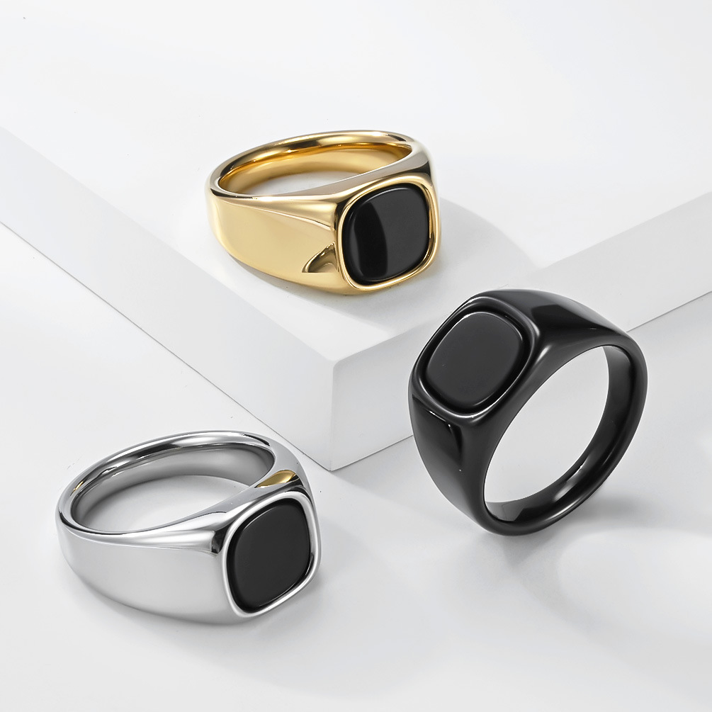 Unisex Minimalistischer Quadratischer Ring Mit Schwarzem Stein_voghion.com