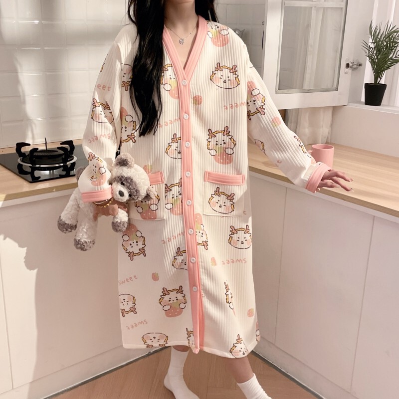 Pregnant Women's Nursing Nightgown with Chest Pad Autumn and Winter Thickened Air Cotton Postpartum Winter plus size dress Admission to Hospital