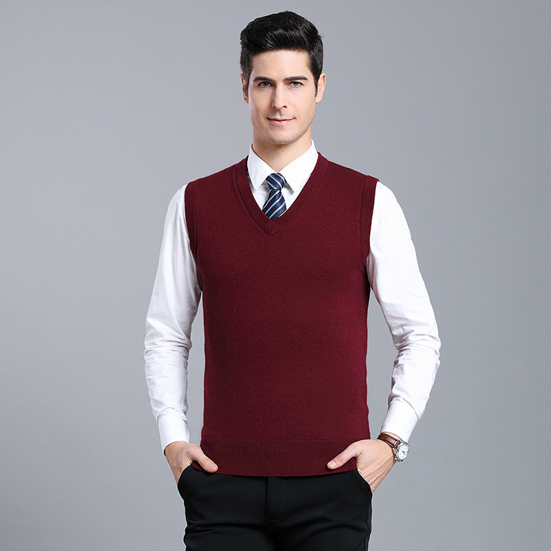 V-Neck Solid Color Men's Wool Vest, Business Casual Inner Wear, Sleeveless Knitwear, Men's Clothing, Direct Supply from Factory