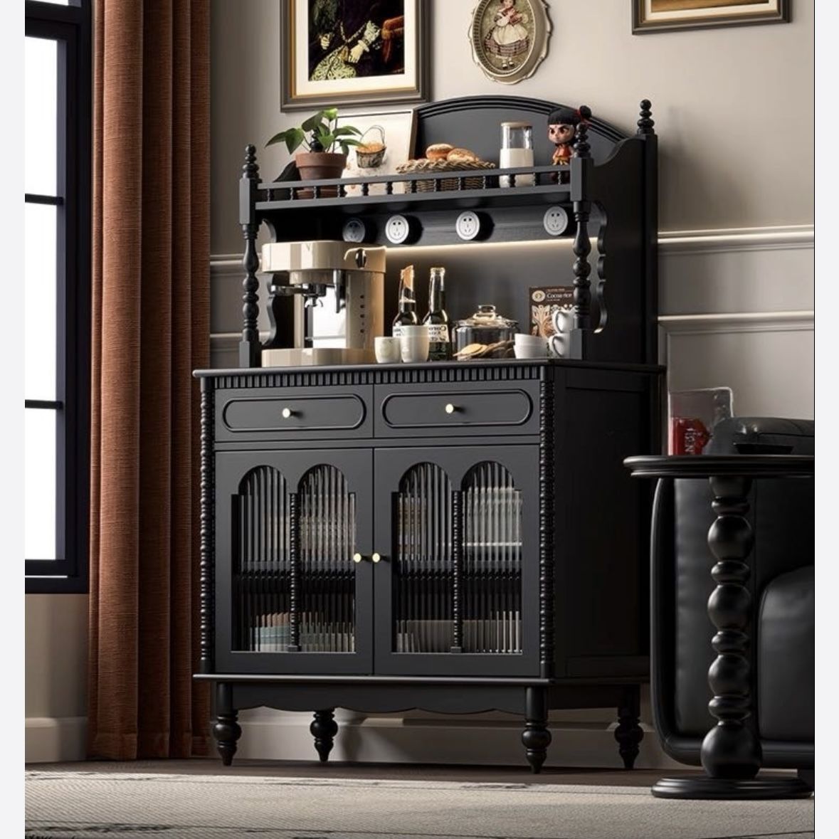 French Solid Wood Retro Sideboard Small Living Room Wall-Mounted Integrated Storage Tea Cabinet Storage Cabinet Coffee Wine Cabinet