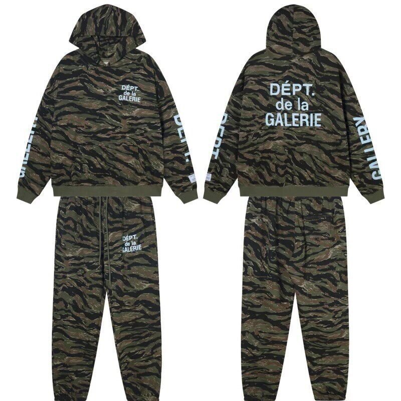 Gallery Dept American street style slogan letter print camouflage hooded sweatshirt and casual sweatpants set for men and women