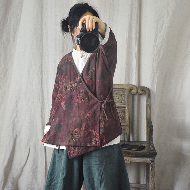 Agate/autumn women's lace-up cardigan short coat Xiangyun yarn printed craft retro linen top