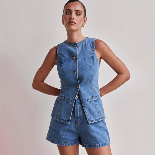 2025 Spring/Summer Amazon Independent Website European and American Style Sleeveless Cinched Waist High-Waisted Loose-Fit Denim Shorts Set