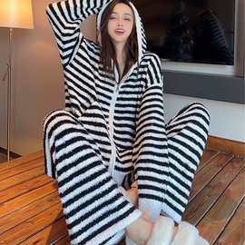 半边绒睡衣黑白条纹拉链开衫居家服套装原图片实拍加厚保暖可外穿