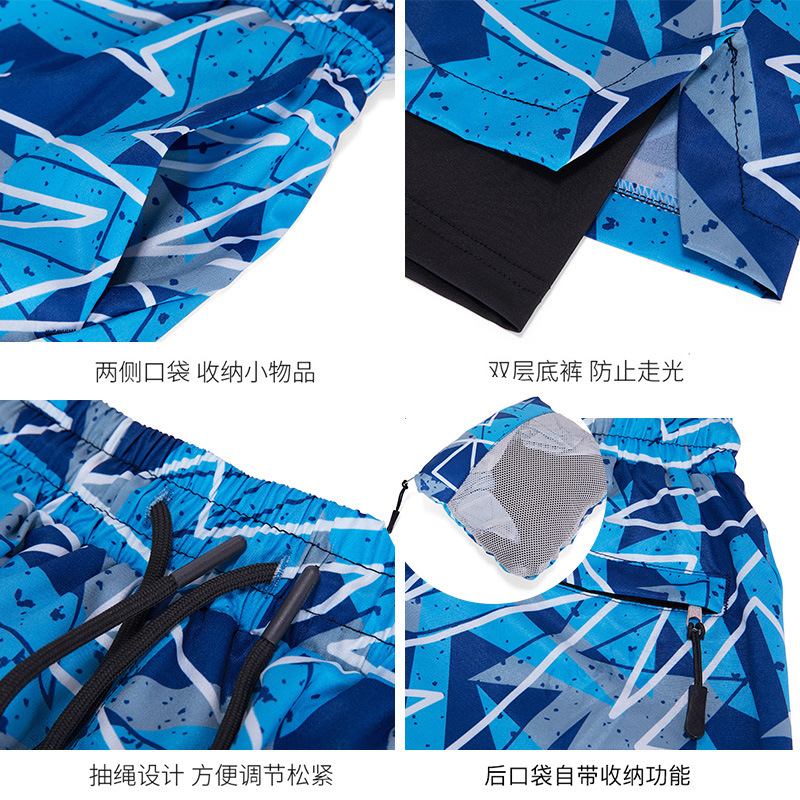 Pantalones cortos deportivos transfronterizos de secado rápido pantalones cortos de dos piezas falsos de los hombres bañador de doble capa anti-exposición pantalones de playa impresos elásticos