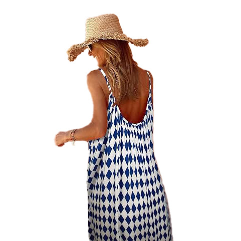 Neues europäisches und amerikanisches sommerliches, böhmisches Resort-Kleid mit Rüschen, Mädchenmuster, Trägern, V-Ausschnitt und lockerer Passform_voghion.com