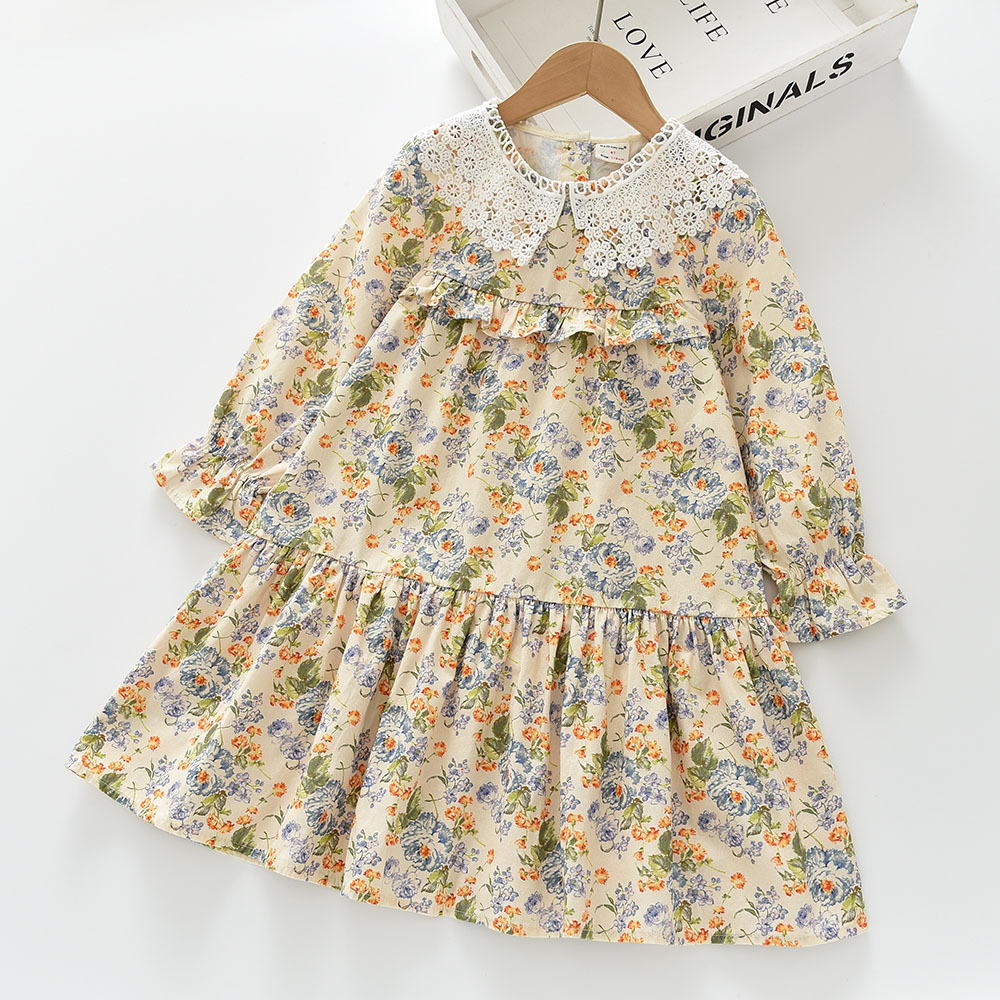 2025 New Autum Style Flower Embroidered Cut Out Lace Large Lapel Girls Long-Sleeved Dress Princess Dress Q2577