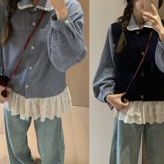 Korean Retro Literary Splicing Lace Sweet Lace Houndstooth Plaid Layered Shirt Versatile Lace Long Shirt