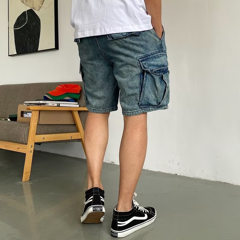 2023 Summer American Style Loose Fashion Brand Five-point Pants Casual High-end Big Pocket Workwear Denim Shorts for Men