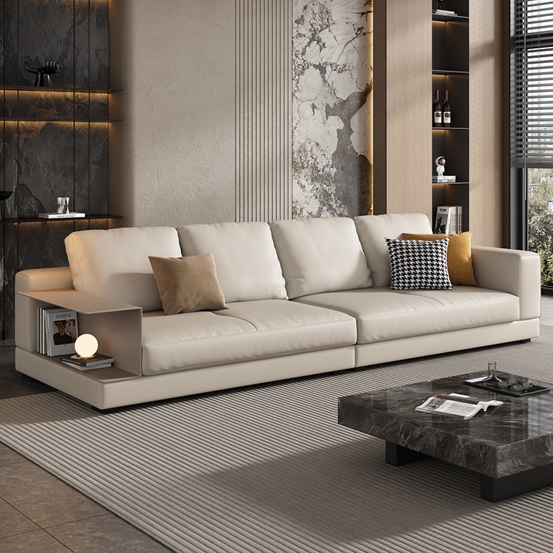 Primera capa de piel de vaca Connery sofá fila recta sofá de cuero de lujo ligero de tres asientos moderna sala de estar simple apartamento grande y pequeño