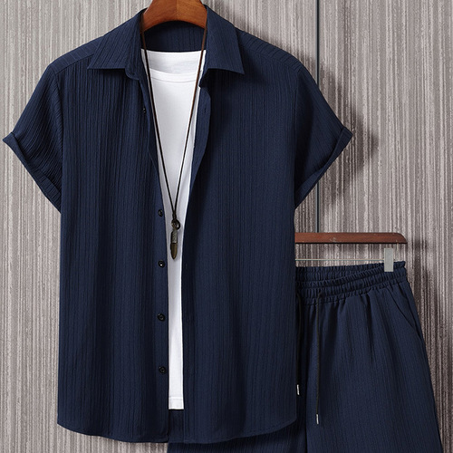Men's brocade patterned striped short sleeve shirt with button-up collar set, stylish men's fashion trend item