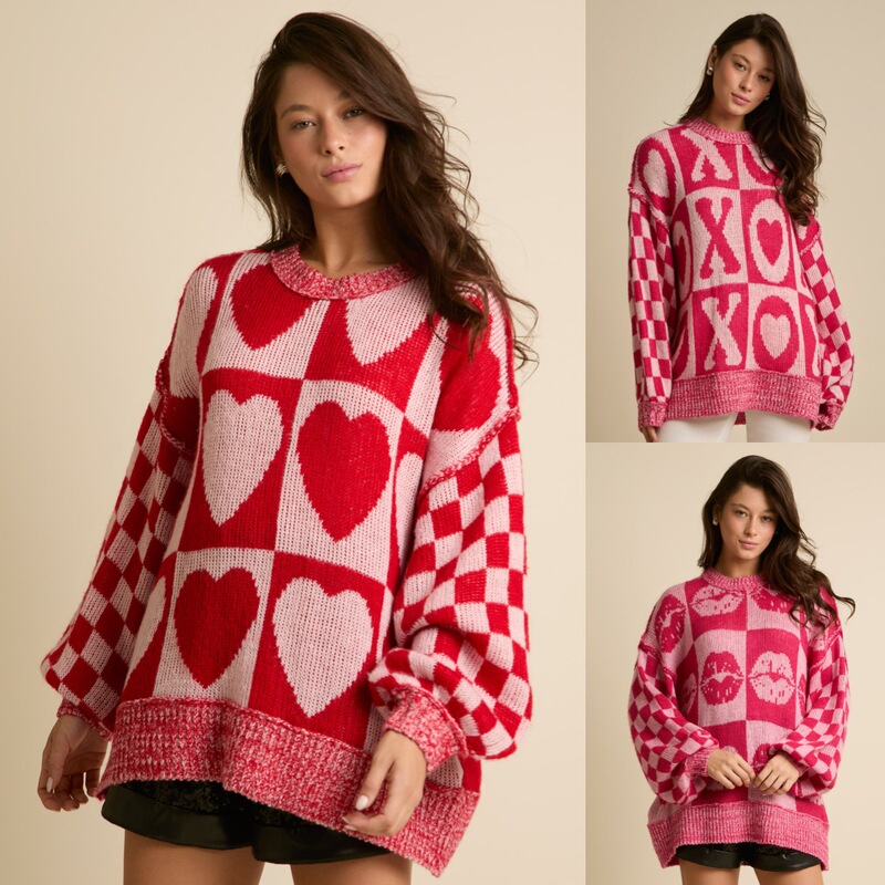 Amazon Autumn and Winter New Cross-border European and American Women's Valentine's Day Color Contrast Loose Sweater Pullover Lantern Sleeve Top Women