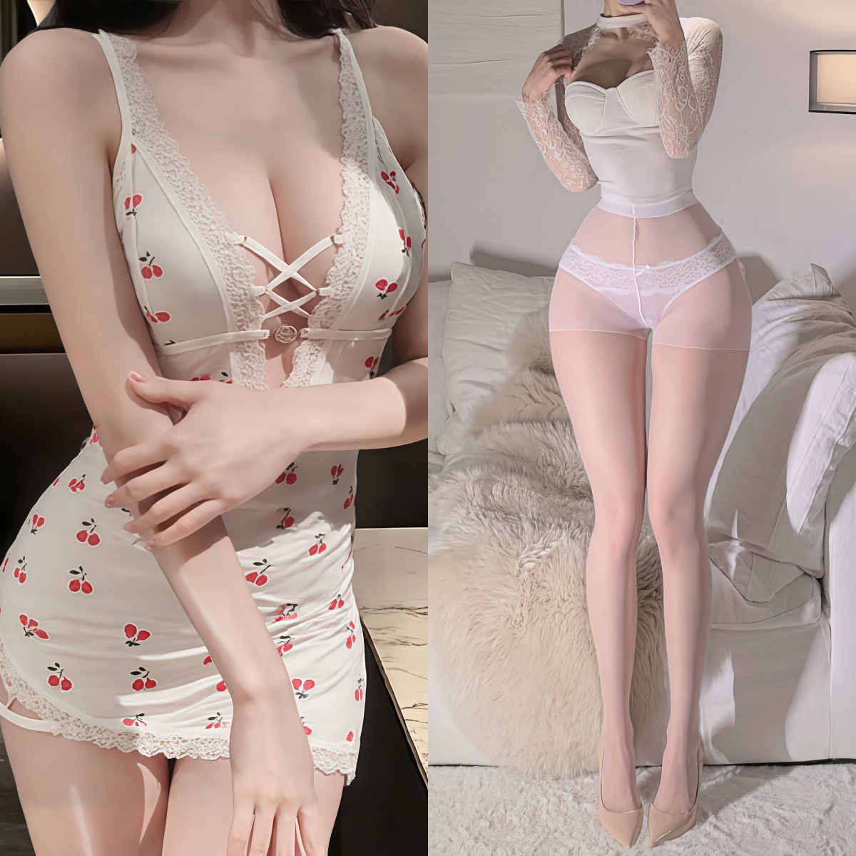 체리 잠옷 + 흰색 팬티 스타킹