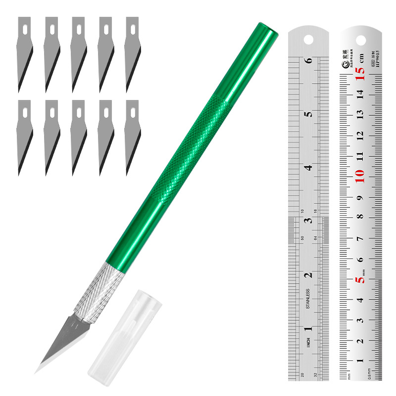 Juego de herramientas de tallado transfronterizo: cuchillo y regla de acero, cuchillo para manualidades con kit de cuchillas, regla de acero inoxidable de 15 cm para uso en bricolaje.