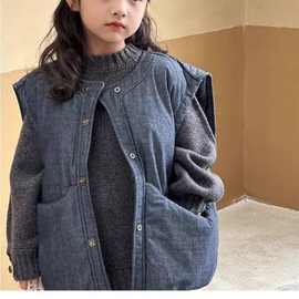 女童加绒牛仔马甲2024新款夹棉秋冬儿童外套背心坎肩洋气大童