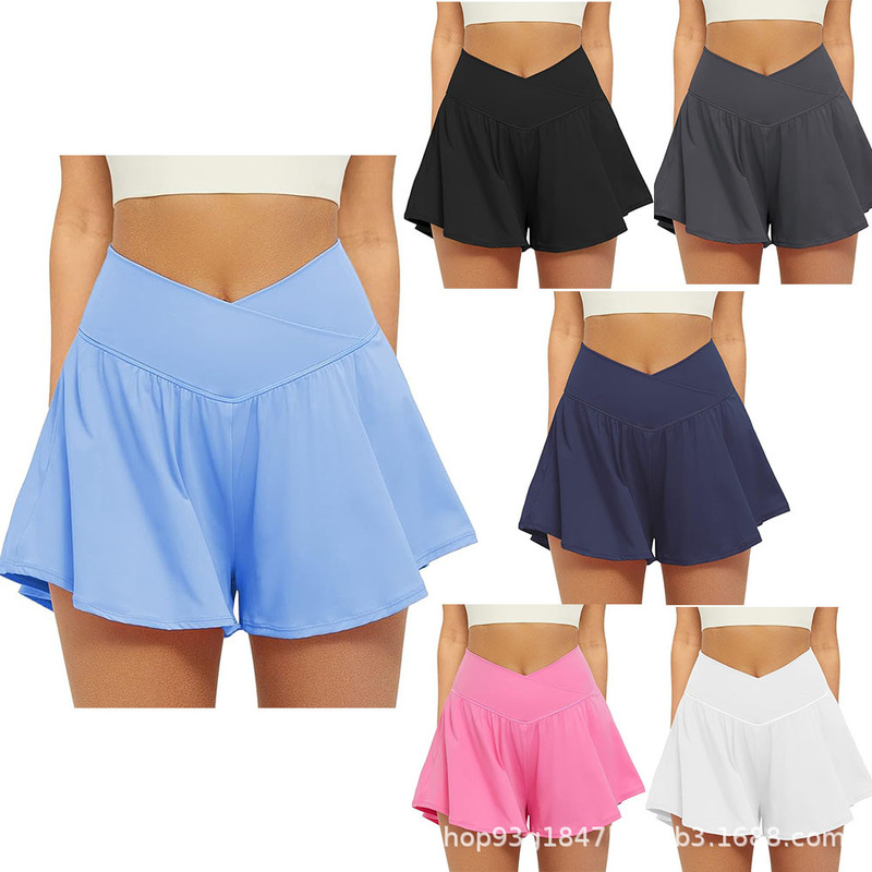 Cross-Border Women's Sports Shorts Two-In-One Waist Cross with Flap Pocket Pantss Casual Training Tennis Running Shorts Black