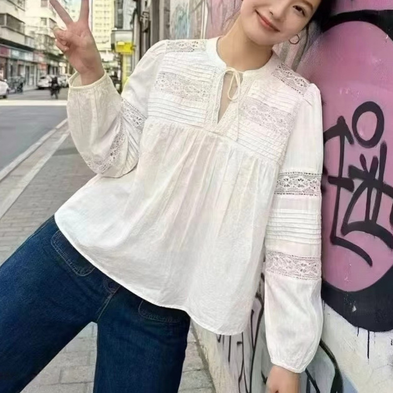 Bs2026 Spring New Bohemian Off-White Lace Patchwork Top Shirt Cotton Elegant Age-Reducing Top Bs2026 Spring New Bohemian Off-White Lace Patchwork Top Shirt Cotton Elegant Age-Reducing Top