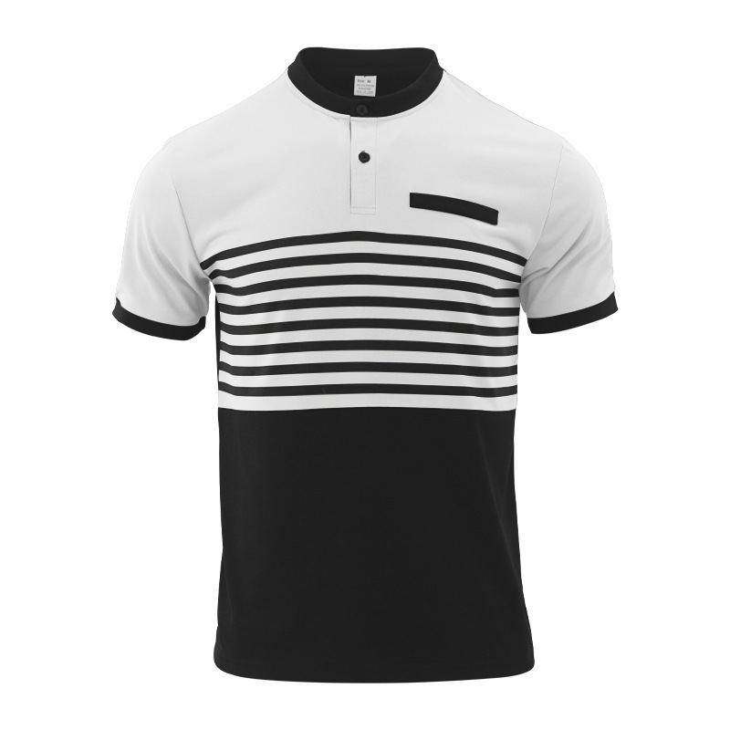 Camiseta POLO casual de los nuevos hombres transfronterizos de Amazon, bolsillo en el pecho, cuello en V, botones, rayas, color a juego, camiseta versátil