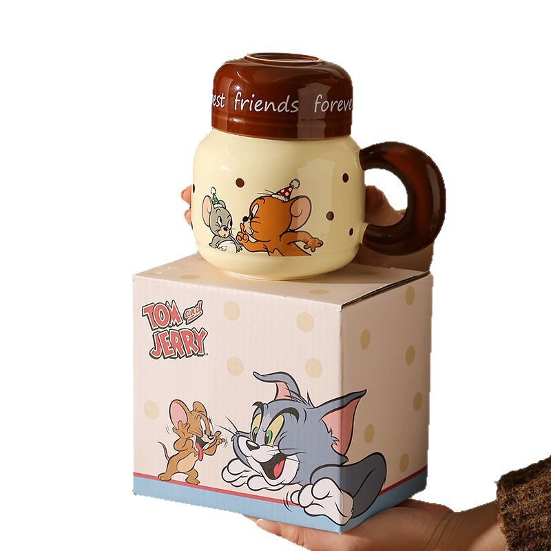 Cute gato y ratón hervidor de leche fufu taza de cerámica con cubierta taza de café para parejas de niños y niñas regalo de cumpleaños