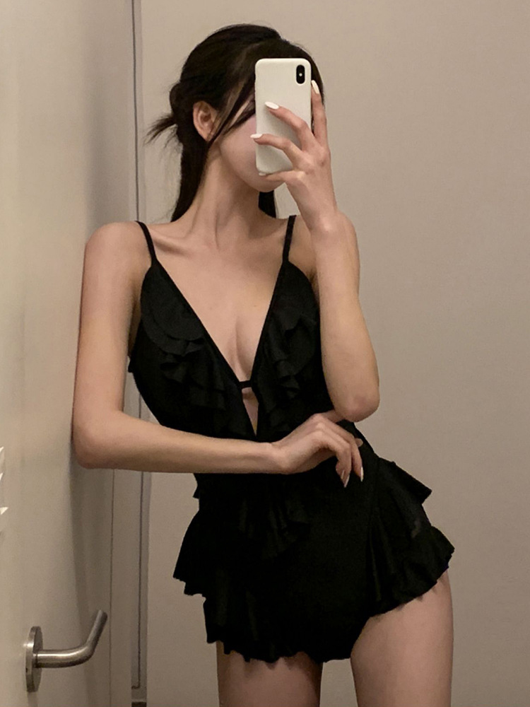 Negro oscuro V borde de loto de alta calidad puro puro puro color puro trajes de baño unidos mujeres pechos pequeños espaldas termales sexy pechos grandes