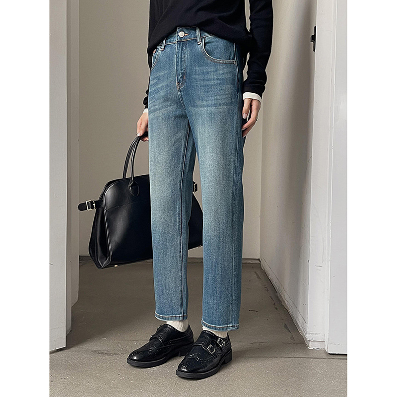 [High-cargo baguette Denim four-sided bullet] Ge Ming high waist jeans women's autumn small baguette pants N218B