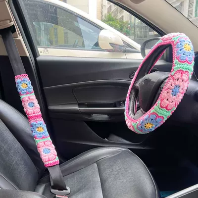Steering wheel cover, Flowers Car Interior Steering Wheel - peach-gerbera-steering-wheel-cover1seat-belt-cover2