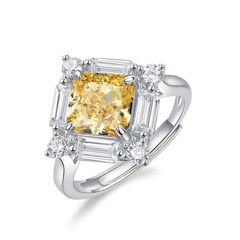 Wilsheng S925 plata de alto carbono anillo de diamantes hembra 3.8CT diamante artificial amarillo cuadrado anillo de lujo moda simple