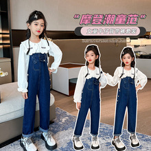 女童牛仔背带裤套装春秋款萝卜裤子2024新款时髦洋气大童女装秋装