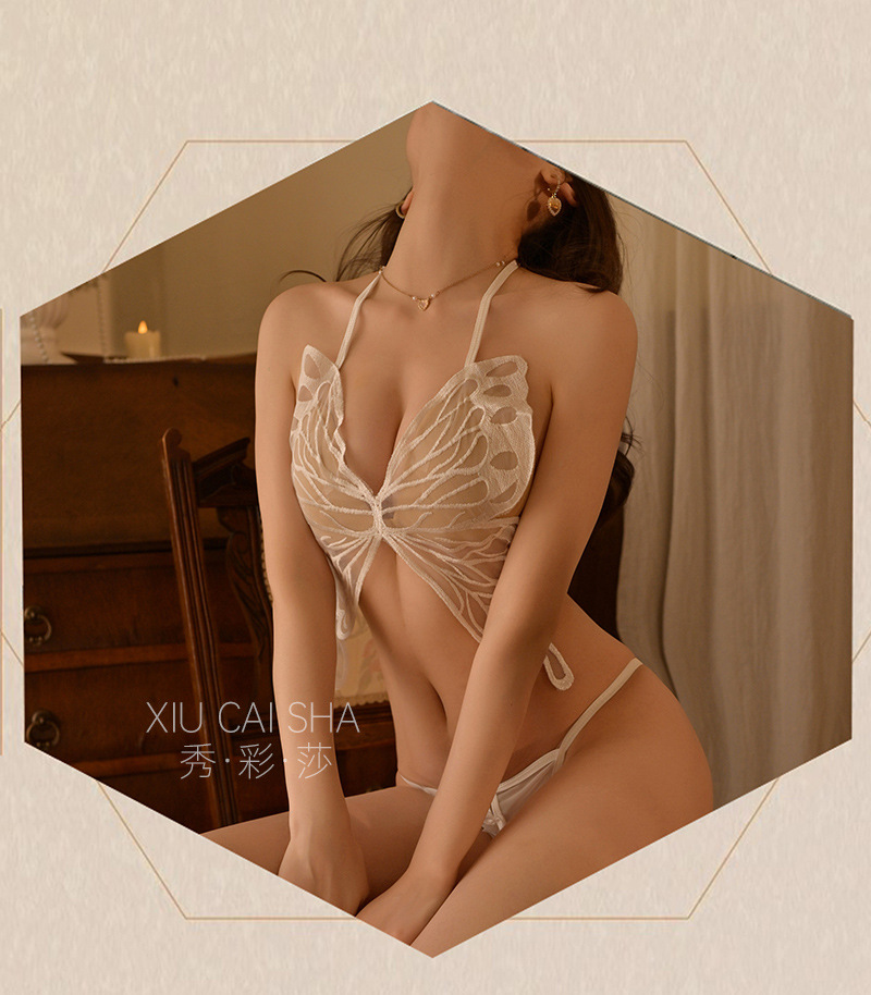 Xiuaisha Butterfly Lace Three-Point Lingerie Set with Stockings, Red, One Size — detail image 10