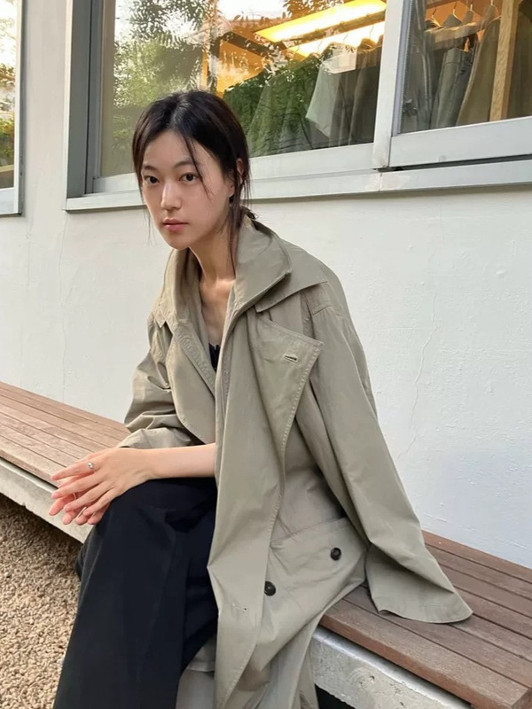 生C 2025秋季新款韩版mo*oha气质纯色翻领双排扣假两件风衣外套女|undefined