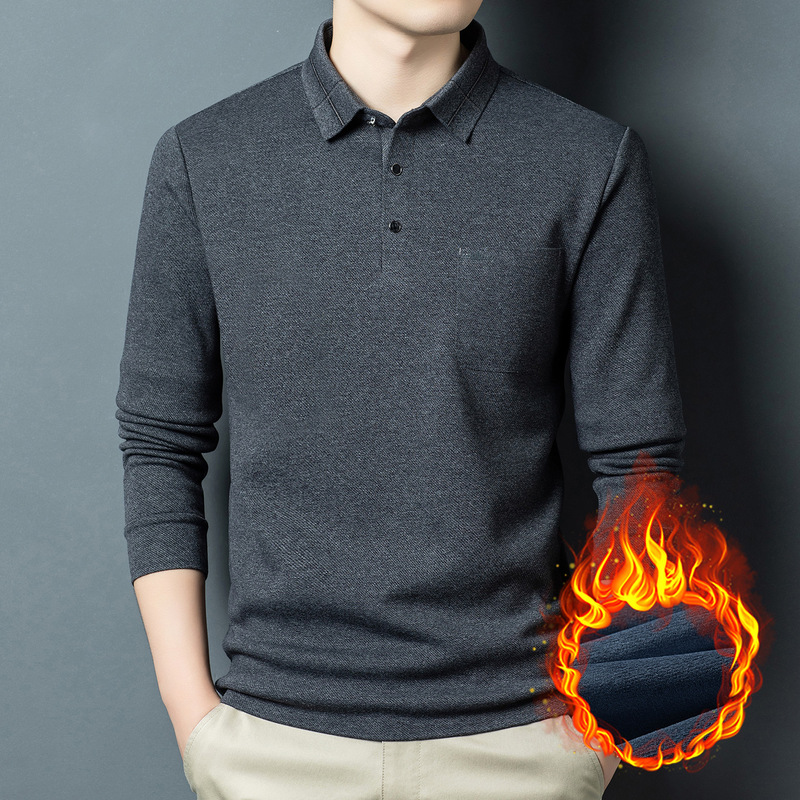 Middle-Aged and Elderly Men's Fleece-Lined T-Shirt, New Autumn and Winter Thickened Warm Polo Shirt with Pockets, Turn-Down Collar T-Shirt