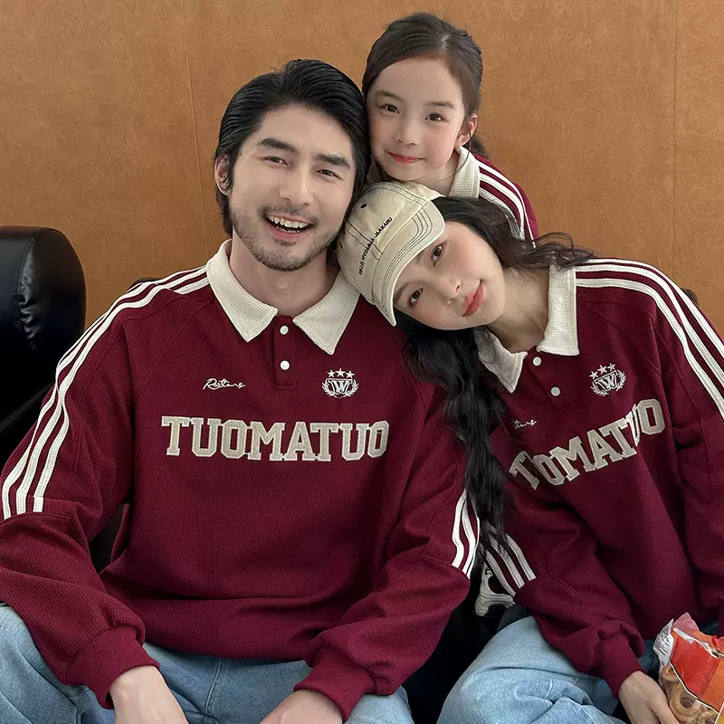 亲子装学院风撞色polo衫复古运动刺绣宽松棒球服韩版家庭装上衣潮