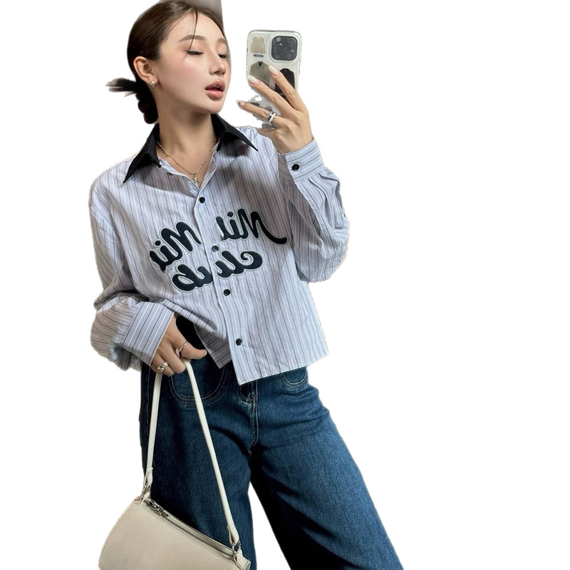 MIU系立体刺绣条纹拼接领子长袖衬衫短款减龄设计百搭宽松衬衣|undefined
