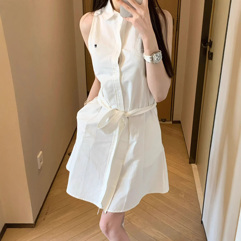 Rl Ralph Lauren Logo Pure Cotton Fashion Commuter Women's Polo Embroidered Sleeveless Oxford Shirt Dress A-Line Dress